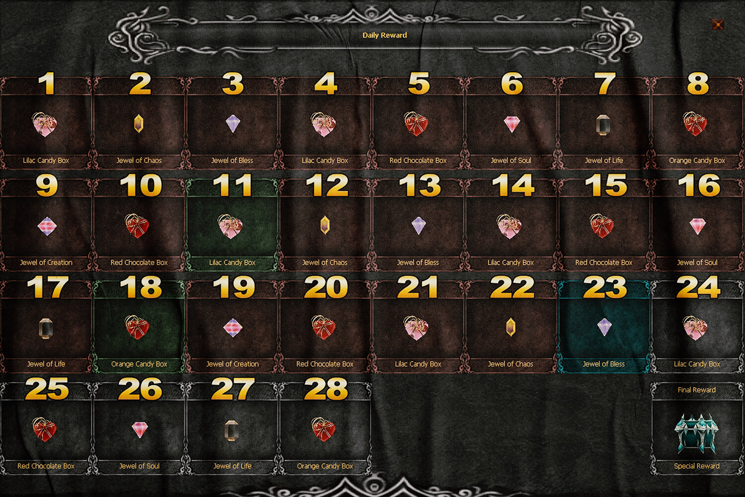 Daily rewards in-game screen